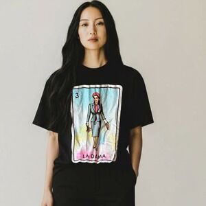 Cotton Heritage Women La Dama Graphic Tee Size XL Black Art Loteria Style Latina
